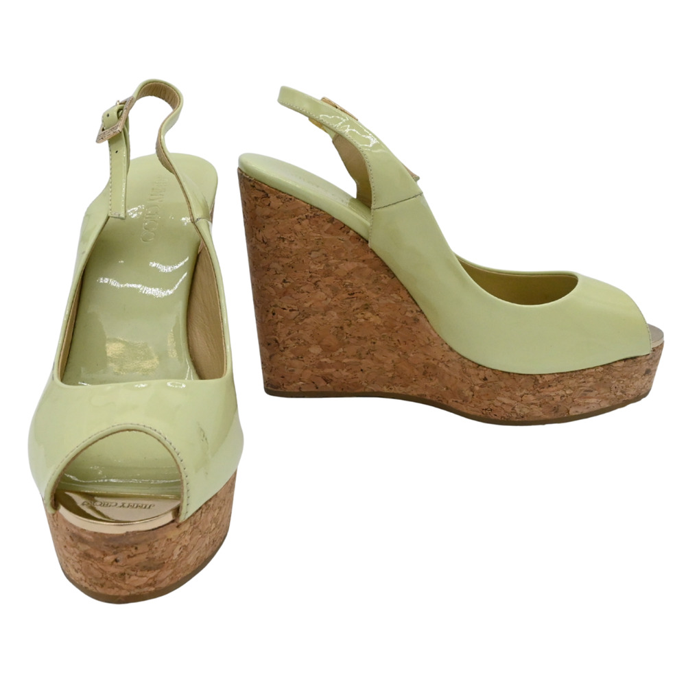 Jimmy Choo Prova Light Green Patent Leather Cork Slingback Wedges Size 37.5